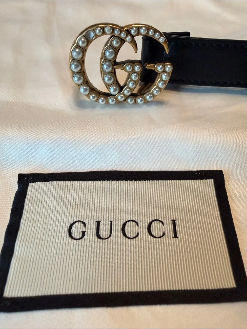 Gucci Black Leather Belt with Gold Pearl Double G Buckle